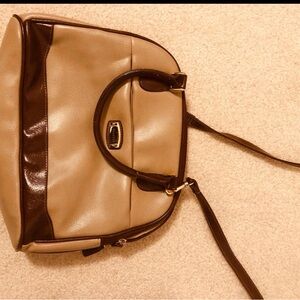 Rosetti Two-Tone Crossbody Satchel - Beige and Dark Brown